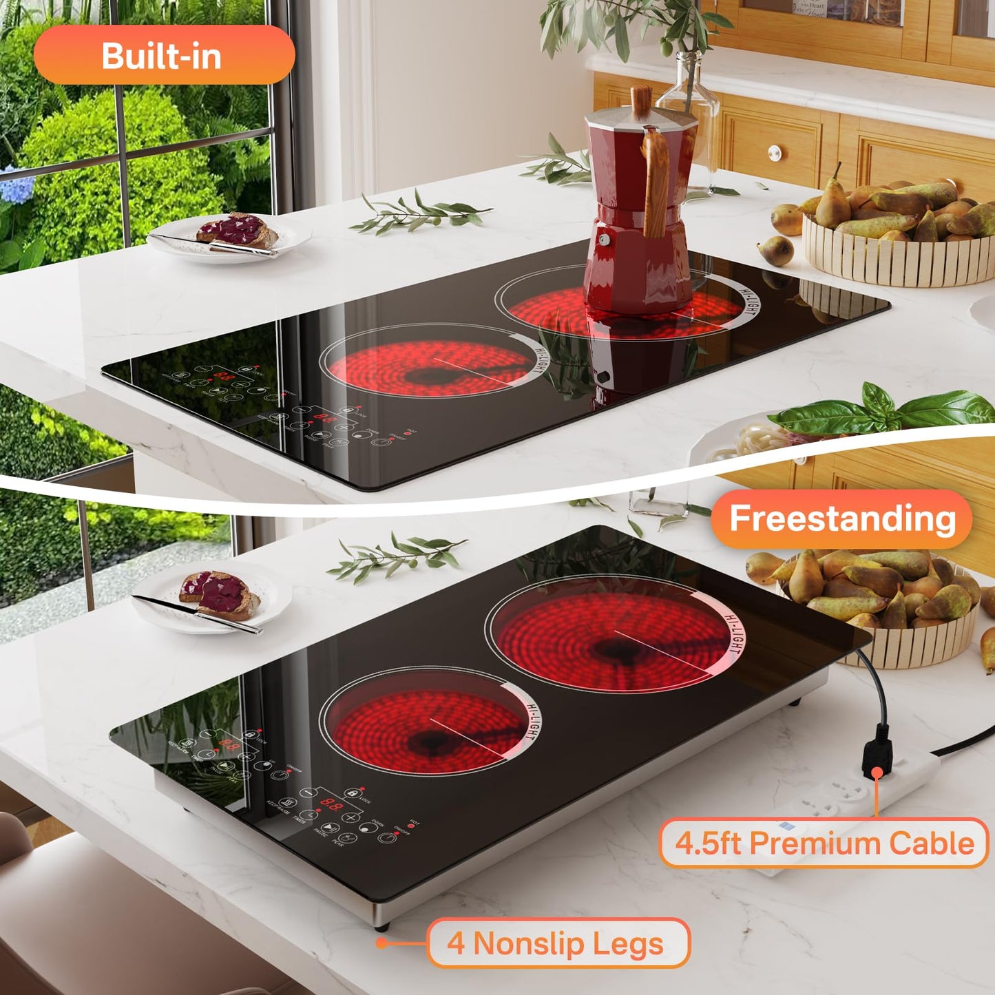 Gveyajo 2 Burner Electric Cooktop with Touch Control, 12 Inch Portable Plug in Stove Top, Ceramic Glass Double Burner, 9 Power Levels, Timer, Child Lock, 2000W