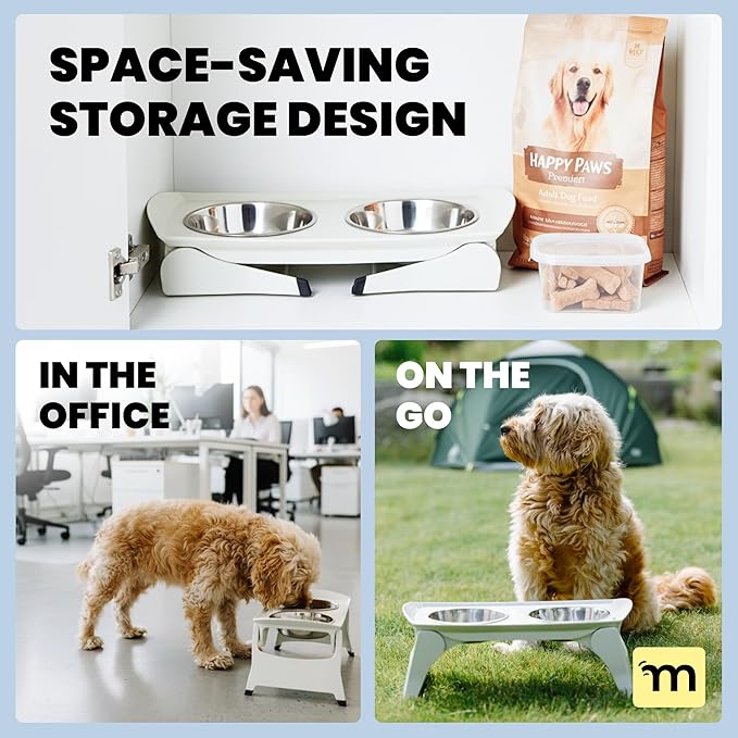 MalsiPree Elevated Dog Bowls for Small Dogs and Cats - 6.5" Raised Feeding Station with Spill-Proof Tray - Foldable Dog Bowl Stand with 2 Stainless Steel Bowls - Modern Scandinavian Pet Feeder, White