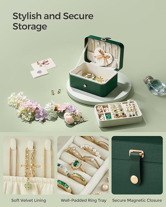 SONGMICS Jewelry Organizer Box, Travel Jewelry Case, 2-Layer Travel Case for Earrings, Necklaces, Bracelets - Portable Jewelry Storage with Large Capacity, Gift Idea, Forest Green UJBC166C01