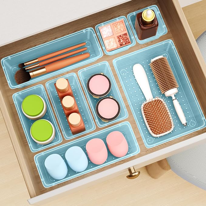 12-Piece Drawer Organizer Set, 4 Sizes Versatile Plastic Vanity Organizer for Makeup, Stationery, Gadgets, in Kitchen, Bathroom, Office, and Bedroom, Sea Blue