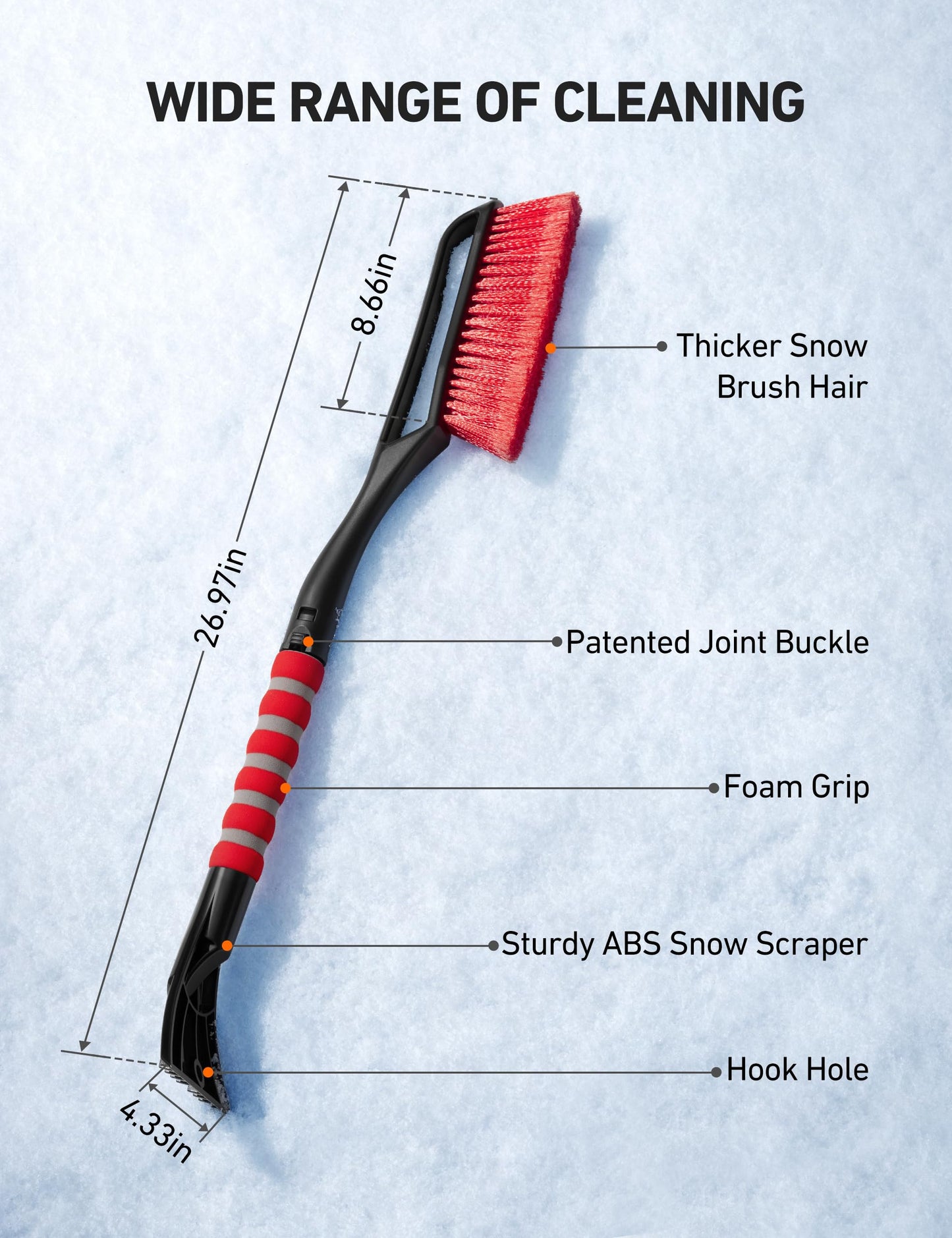 AstroAI 27" Snow Brush and Ice Scrapers for Car Windshield, Detachable Snow Scrapers with Ergonomic Foam Grip for Cars, Trucks, SUVs (Heavy Duty ABS, PVC Brush, Red)