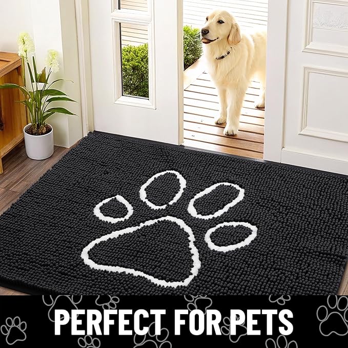 Smiry Dog Door Mat for Muddy Paws, Absorbent Dirt Trapper Non Slip Quick Dry Washable Chenille Mat for Mud Dogs, Entry Rug for Indoor and Outdoor (47x32 Inches, Black and White)