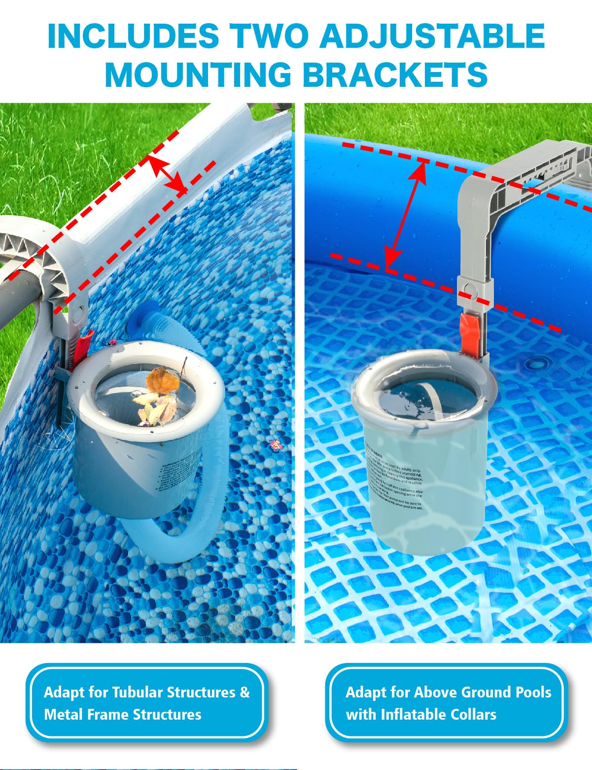 MUWOOB Above Ground Pool Skimmer with 5 Skimmer Socks, Wall Mount Surface Skimmer with Hose & Basket, Compatible with Intex Pools, Adjustable Floating Filter, Automatically Removes Leaves & Debris