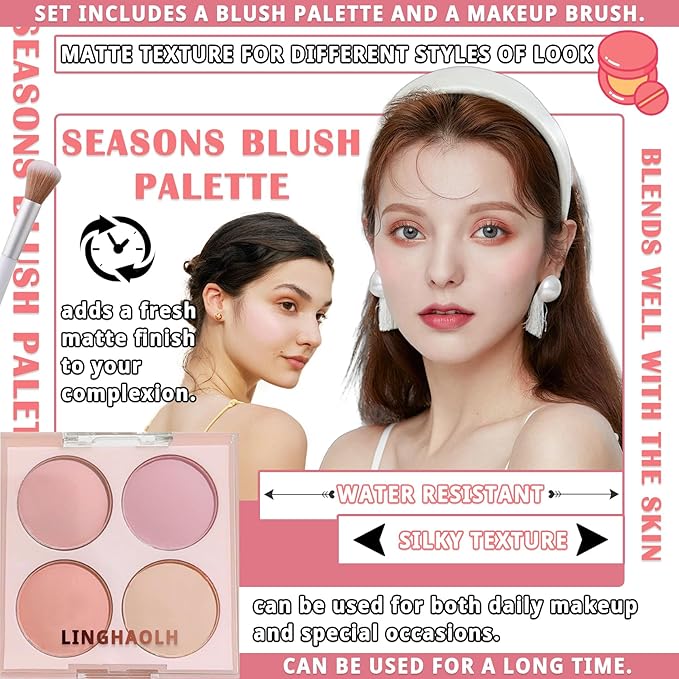 4 Colors Blush Palette for Cheeks - Face Matte Contour Makeup Palette, Buildable Shimmer Facial Cheek Blusher Shades, Blendable Cosmetic With Brush 03