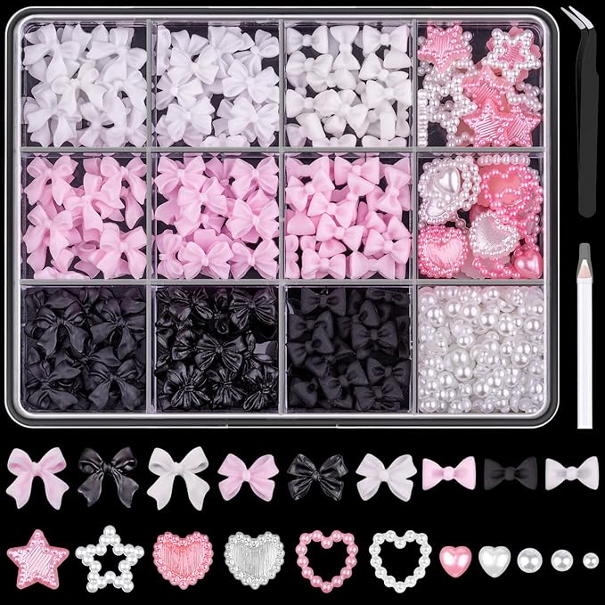 600 Pcs 3D Nail Charms and Flatback Pearls #2, Pink White Black Multi Styles Bowknot Charms + Pink&White Star Heart Nail Jewels + 2-6mm White Nail Pearls for Nail Art Design with Pickup Tools