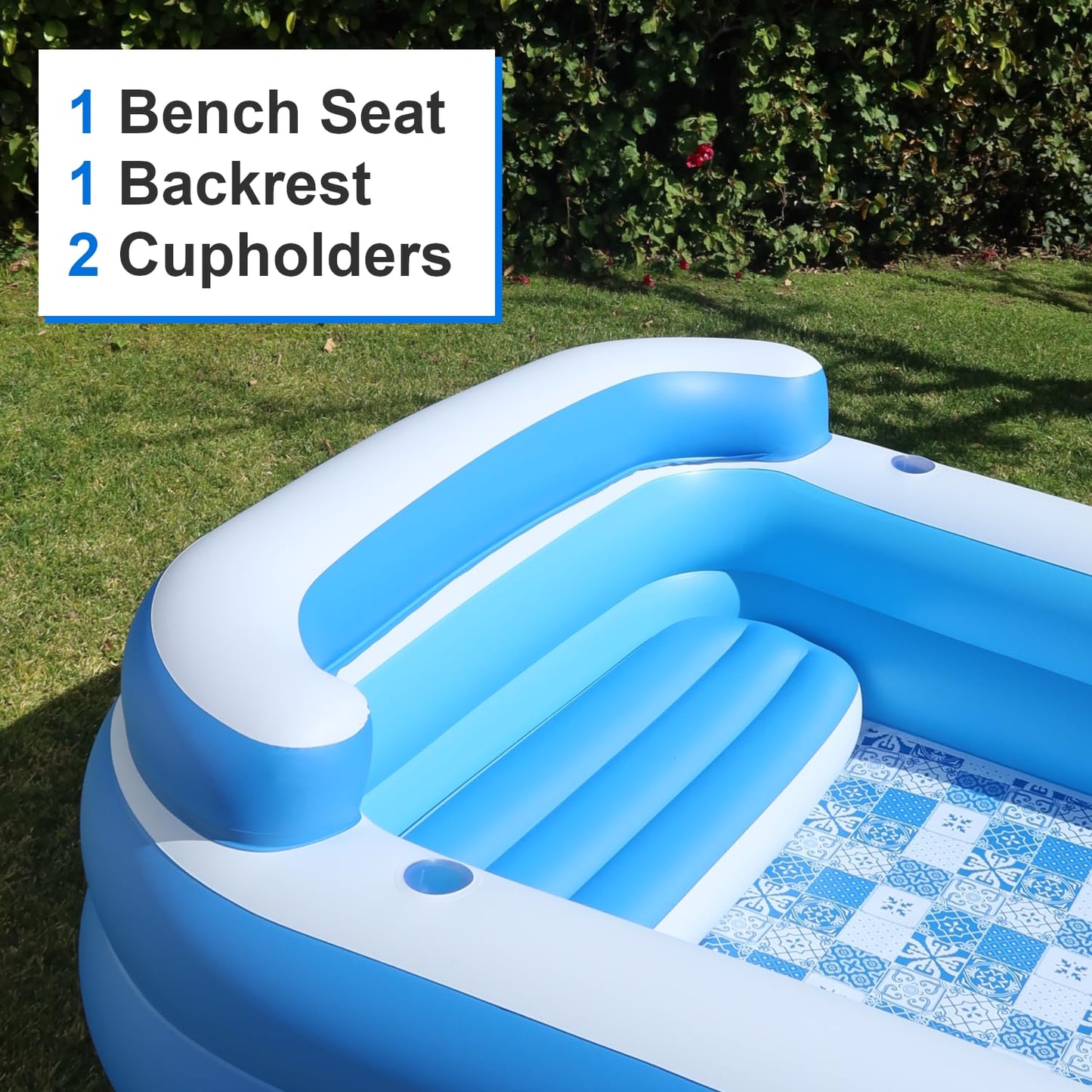 Inflatable Pool w/Bench Seat, 10ft x 6ft, Electric Pump & Ground Tarp Included - Fast Setup and Reinforced Seams