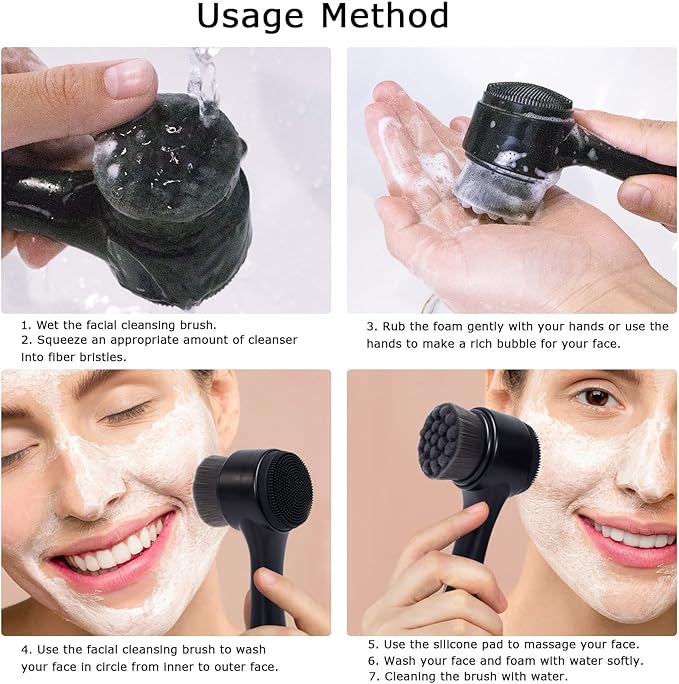 Face Brush 2 in 1, Silicone Facial Cleansing Exfoliating Brush Soft Bristles Pore Deep Cleansing, Jade Face Roller Skin Care Tools, Manual Dual Face Wash Scrub Brush Massaging Gift, BlackGreen