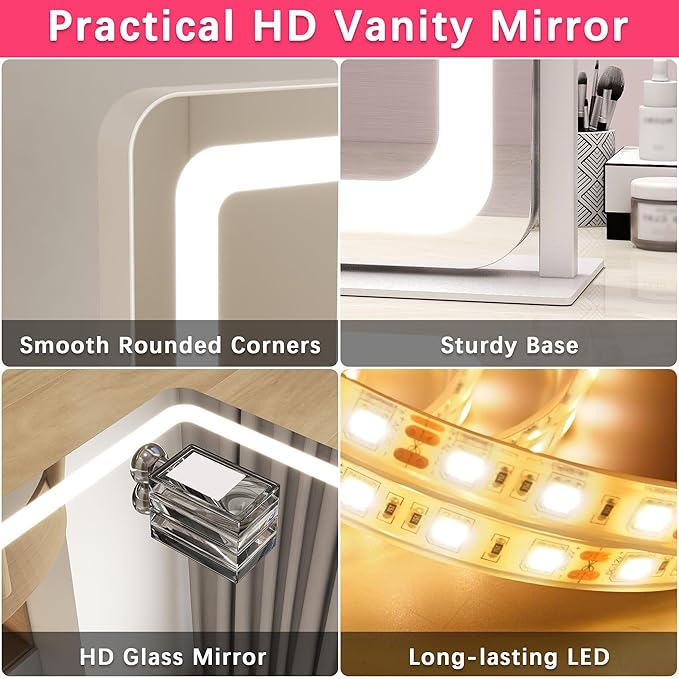 ROLOVE 22x17 Inch Lighted Vanity Mirror with Dimmable LED Lights - 3 Color Modes, Smart Touch Control & 360° Rotating Base - Desk Makeup Mirror (White)
