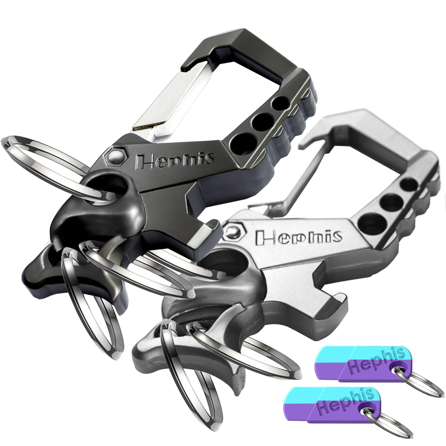 Hephis Heavy Duty Key Chain Bottle Opener,Carabiner Car Key Chains for Men and Women（Matte Black and Silver）（Multicolor-2pcs）