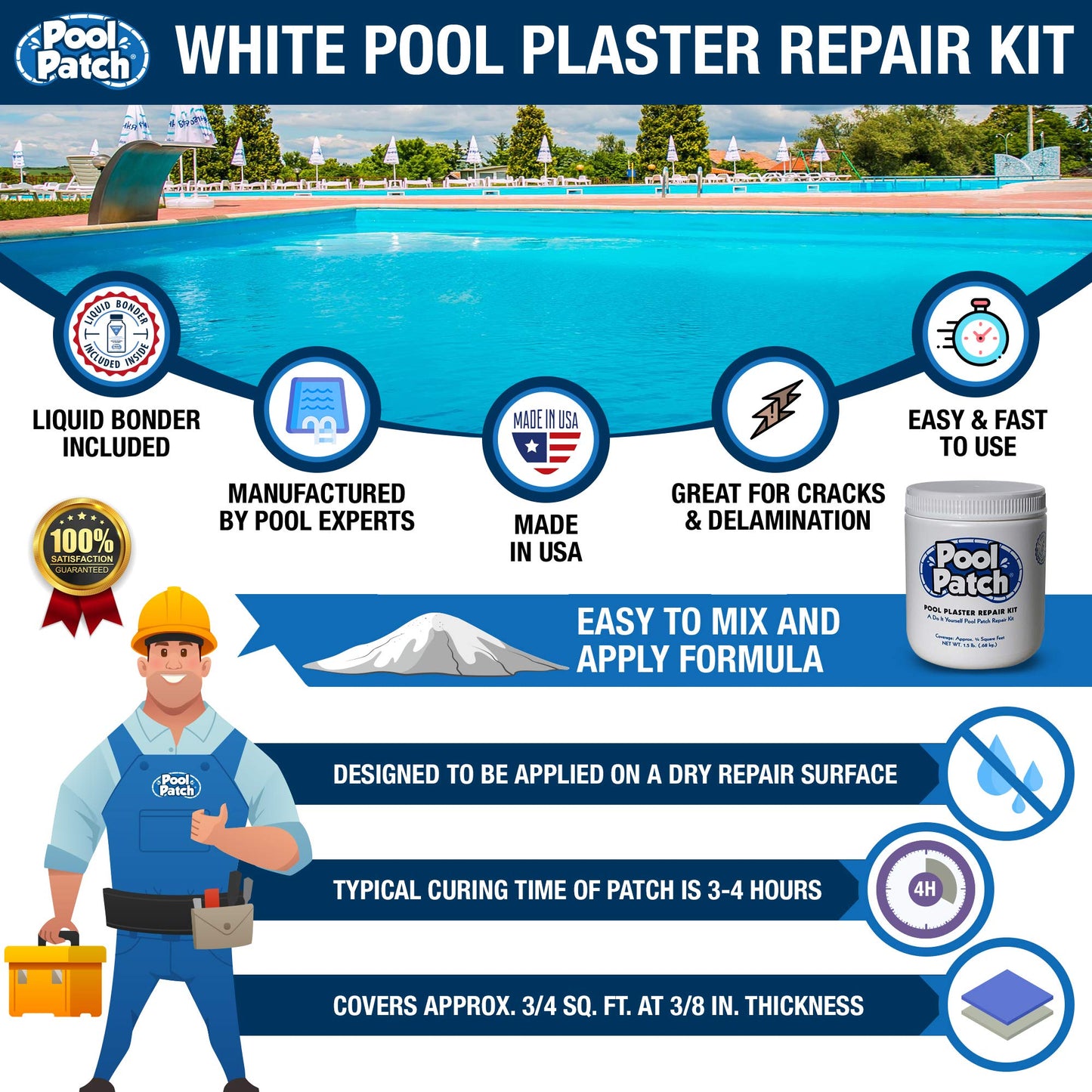 Pool Patch White Plaster Repair Kit 1.5 lb - Easy to Mix and Fast to Use Formula - Perfect for Patch Work - Waterproof, Quick-Drying, Extra Strong Bond - (coverage: approx. 3/4 sq. ft.)