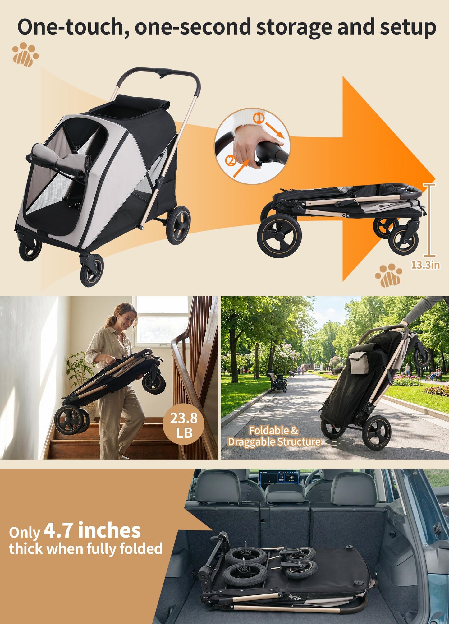 Dog Stroller for Large & Medium Dogs, One-Click Folding 4 Wheel Pet Stroller for Large Dogs up to 80lbs, Easy Fold Dual Entry with One-Foot Brake, Reflective Tape Design with Breathable mesh
