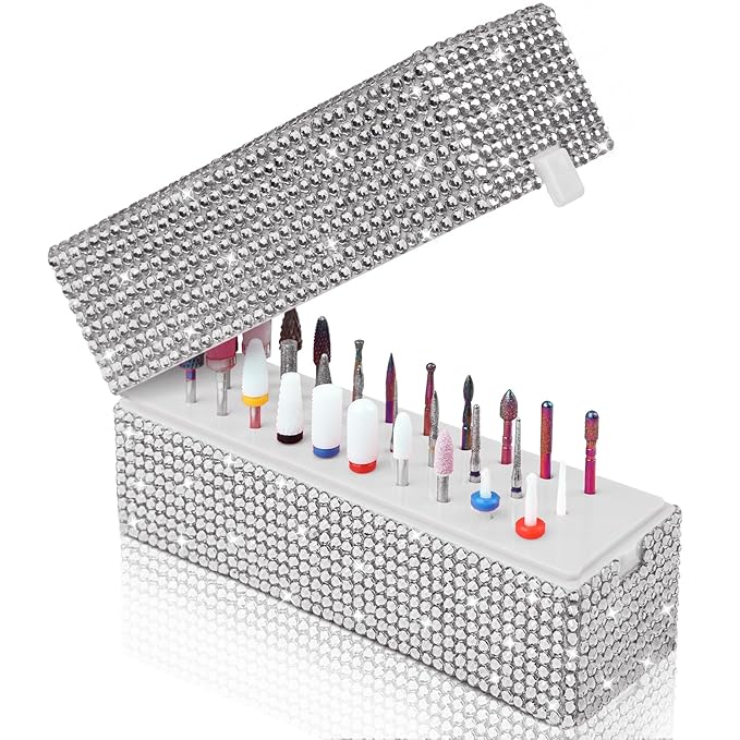 Nail Drill Bits Holder Box: 30 Holes Rhinestone Drill bit Holder Nail tech for Nail Drill bits Storage Dustproof Stand Displayer Organizer Case for Manicure Tools(Drill bits not Included) (Silver)