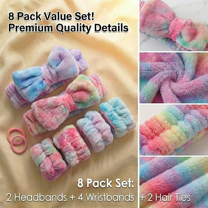 8 Pcs Spa Headband and Wristbands Set for Washing Face, Soft Face Wash Headbands Wrist Bands for Women with Scrunchies, Absorbent Wrist Towels, Makeup Hairband for Skincare, Yoga, and Teen Girls Gifts