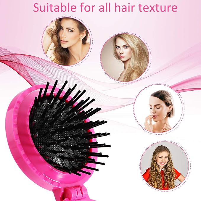 Boao 2 Pack Foldable Travel Mirror Hair Brushes Round Portable Folding Pocket Hair Brush Mini Comb Compact Travel Size Massage Comb for Men Women(Black, Rose Red,Round)