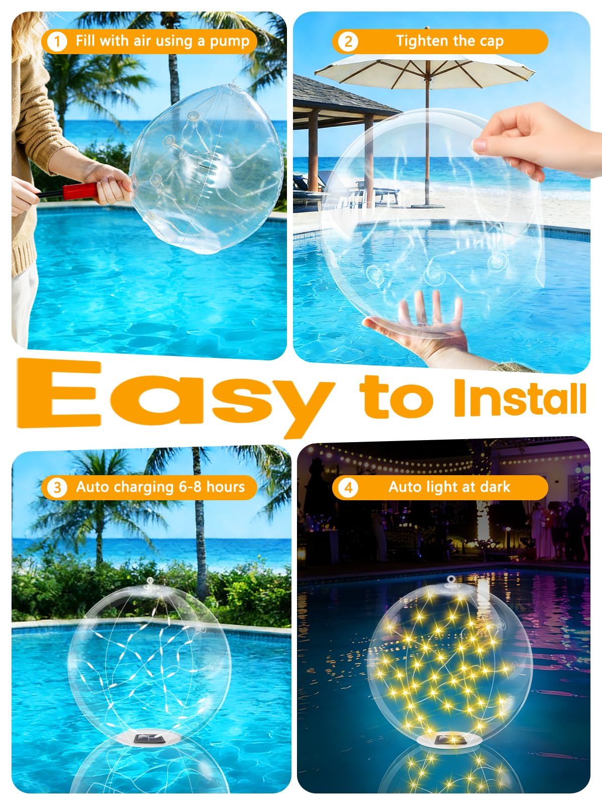 2026 New 2 Pack Floating Pool Lights, Warm White Solar Powered Pool Ball Lights That Float with 8 Modes, IP68 Waterproof Light Up Inflatable LED Balls for Pools Outdoor Party Wedding Yard Decorations