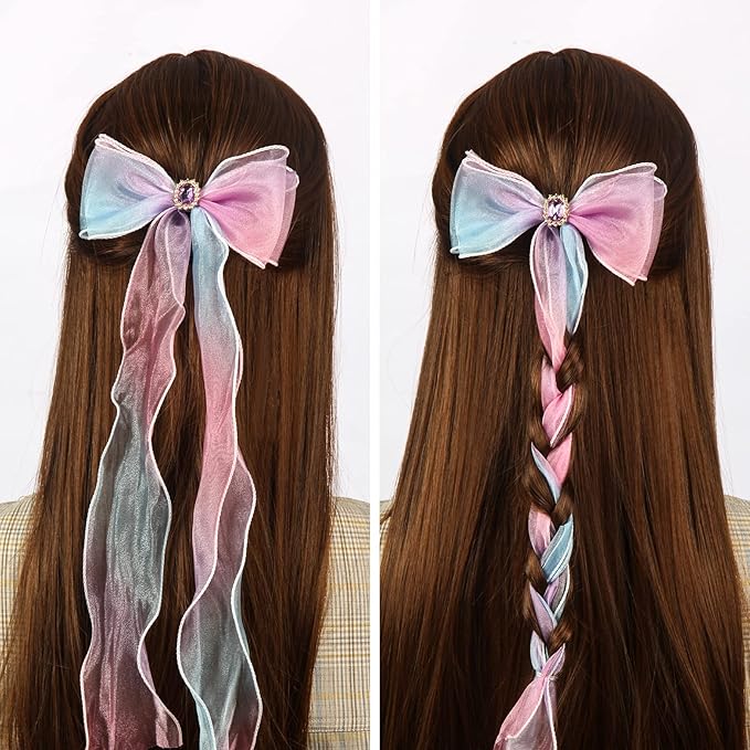 Little World Bow Hair Clips - Set of 4 Ribbon Hair Bows for Girl Women, 13 inch Colorful Ribbon Lace Clip for Hair Accessories