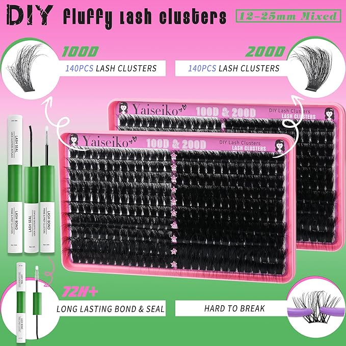 Yaiseiko Lash Clusters Kit 100D+200D Thick Volume Eyelash Clusters Kit 12-25mm Wispy Individual Lashes D Curl Long Cluster with Lash Bond and Seal Waterproof DIY Lash Extension Kit(KIT-280PCS)
