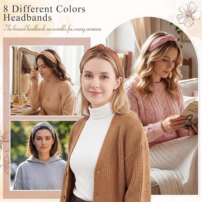 obeoby 8Pcs Headbands for Women, Fashion Knotted Headband Brown Series Wide Hairband Gifts for Mom Hair Accessories
