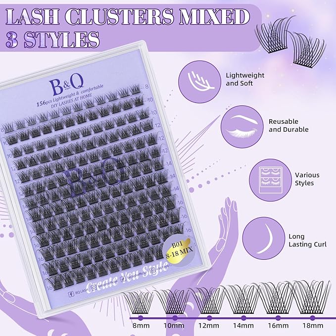 B&Q Wispy Lash Clusters Kit B01, DIY Lash Extension Kit 156PCS Eyelash Extension Kit, Soft Natural Lash Clusters 8-18MIX D Curl Lash cluster, Thin Black Band Cluster Eyelash Extensions (B01 Set)