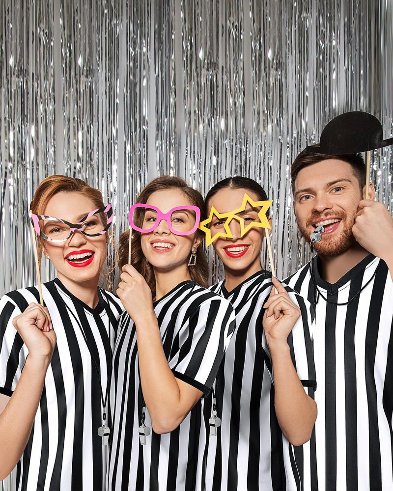 Sintege 4 Sets White and Black Soccer Referee Stripe Shirt with Whistle Official Referee Costume Shirt Football Umpire Jersey Halloween Costume for Adult(Adults Medium)