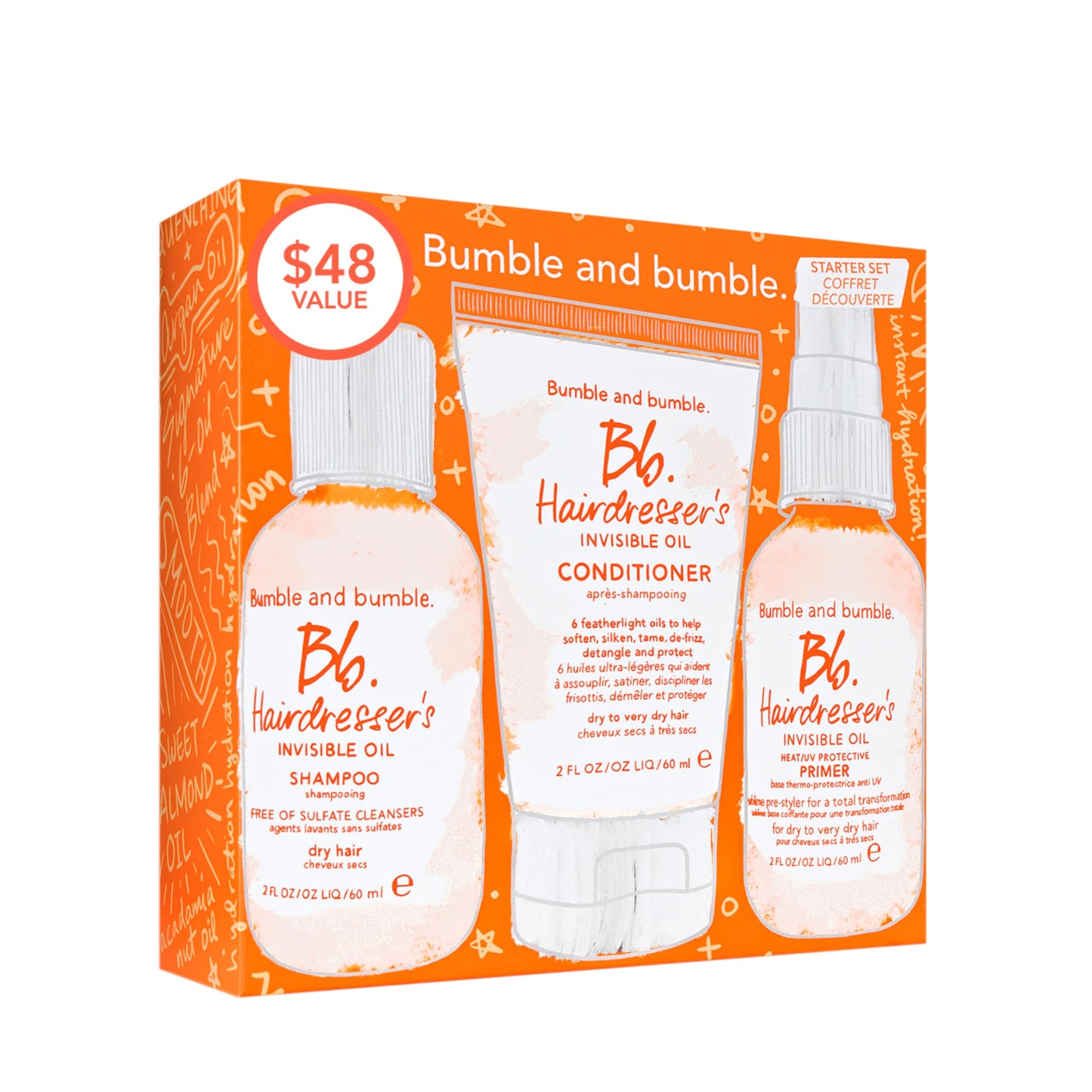 Bumble and bumble. Hairdresser's Invisible Oil Starter Travel Size Gift Set For Dry Hair | Shampoo, Conditioner + Primer | Includes 3 Pieces | $48 Value | Perfect for Gifting, 2 Fl Oz