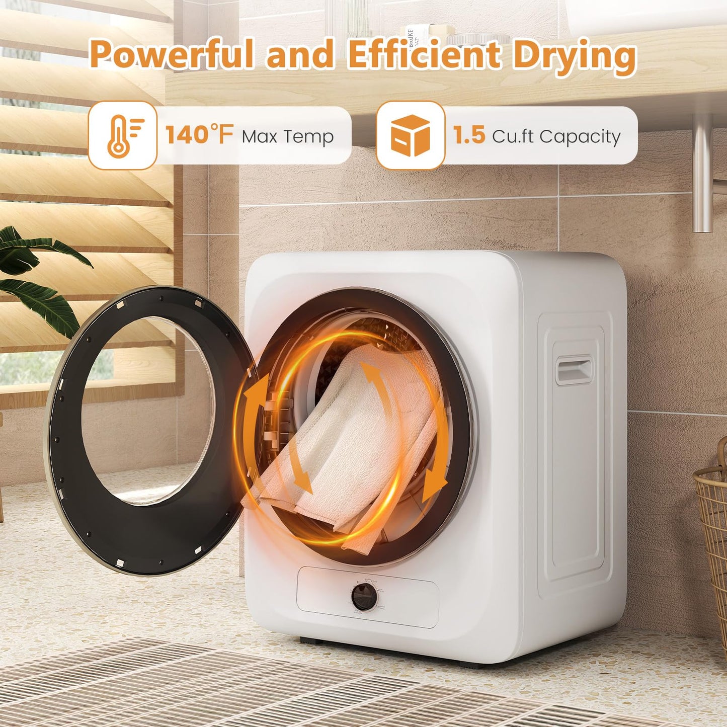 VCJ Portable Clothes Dryer for Apartment, 1.5 Cu.ft Compact Mini Electric Dryer with 5 Drying Modes, Stainless Steel Tub, Simple Knob Control, Dryer Machine for Dorm, RV, Small Space