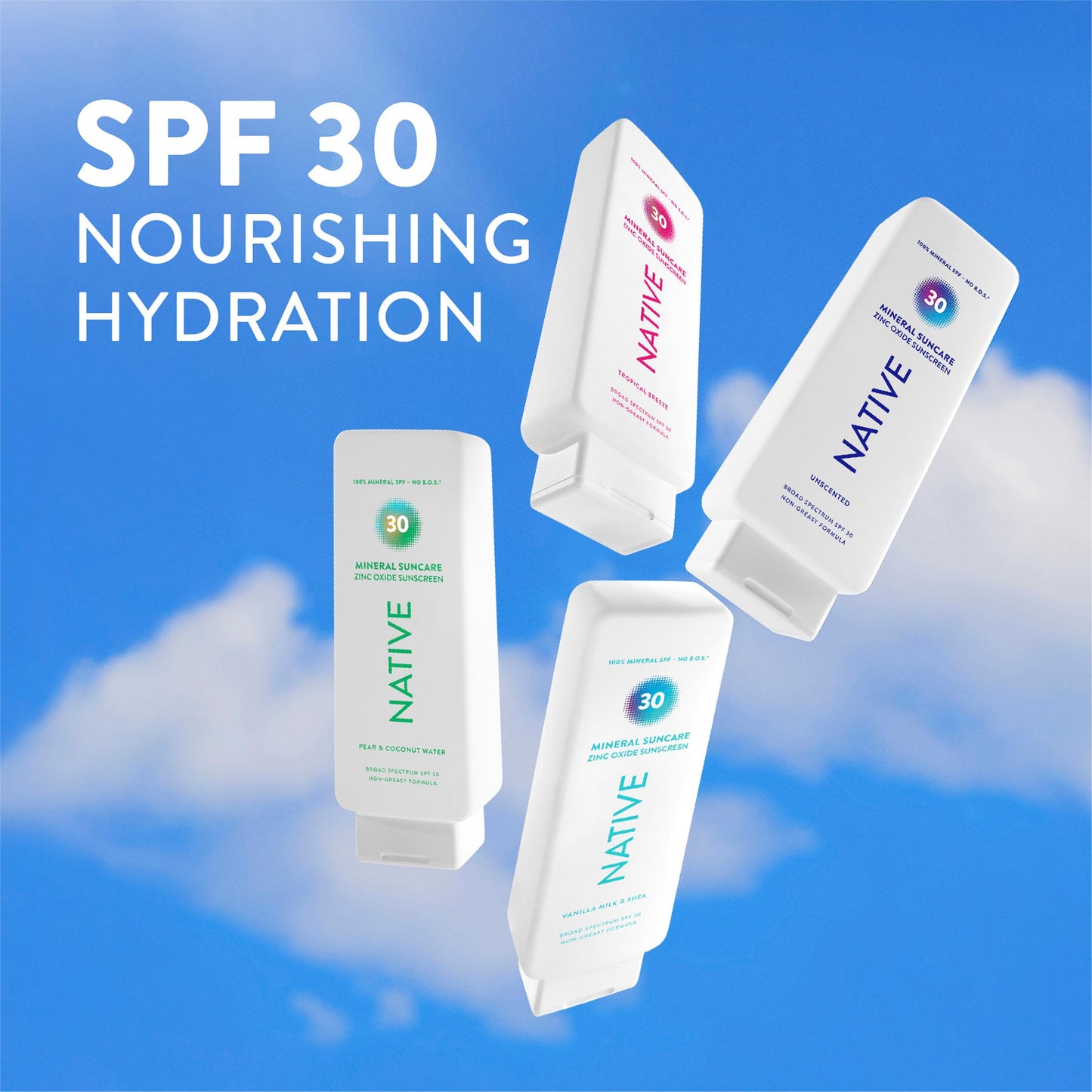 Native Mineral Sunscreen Lotion SPF 30, Pear & Coconut Water Scent, with 100% Mineral Zinc Oxide for Face & Body, Hawaii Compliant, Vegan, No White Cast - 7 oz