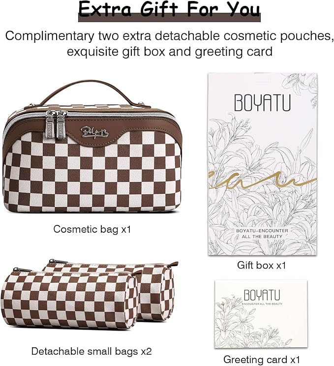 BOYATU Travel Makeup Bag Organizer Cosmetic Bag: 3 Pcs Set Make up Bags for Women with Handle - Waterproof Vegan Leather Toiletry Bag (01-G-Coffee)