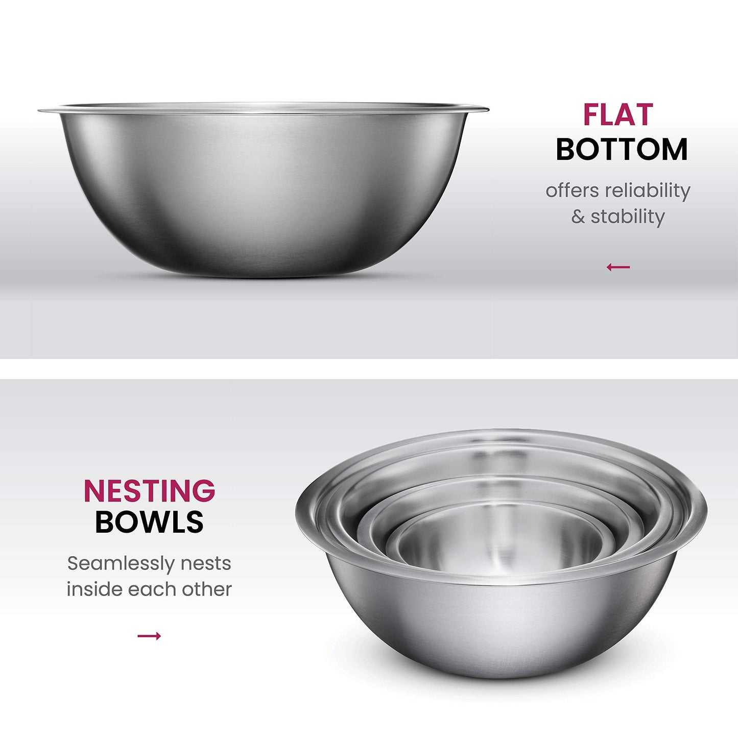 FineDine Stainless Steel Mixing Bowls (Set of 5) Stainless Steel Mixing Bowl Set - Easy To Clean, Nesting Bowls for Space Saving Storage, Great for Cooking, Baking, Prepping
