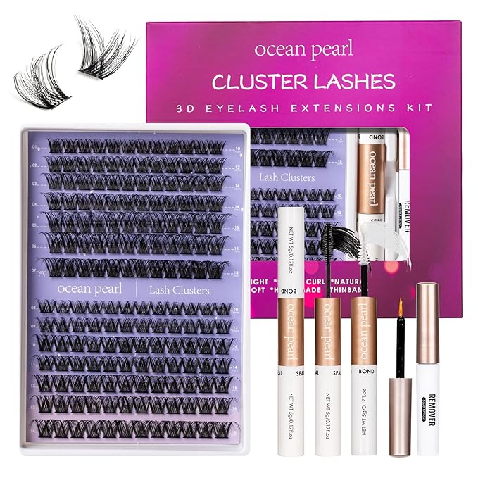 Ocean Pearl Lash Clusters Kit 168pcs 10-18mm manga/anime-inspired lashes clusters,spike-effect cluster lashes,Eyelashes,DIY Cluster Eyelash Extensions kit with lash bond+seal+remover+tweezers-DM01+M38