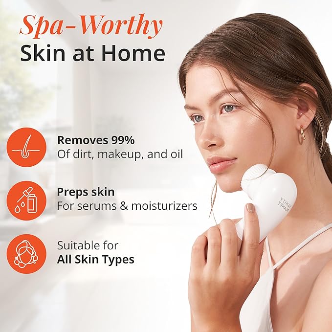 Vanity Planet Raedia Facial Cleansing Brush - Electric Facial Cleansing Brush with 4 Exfoliating Brush Heads - Waterproof, Handheld, Lightweight for Face Scrubber and Exfoliating Face - Dusty Pink