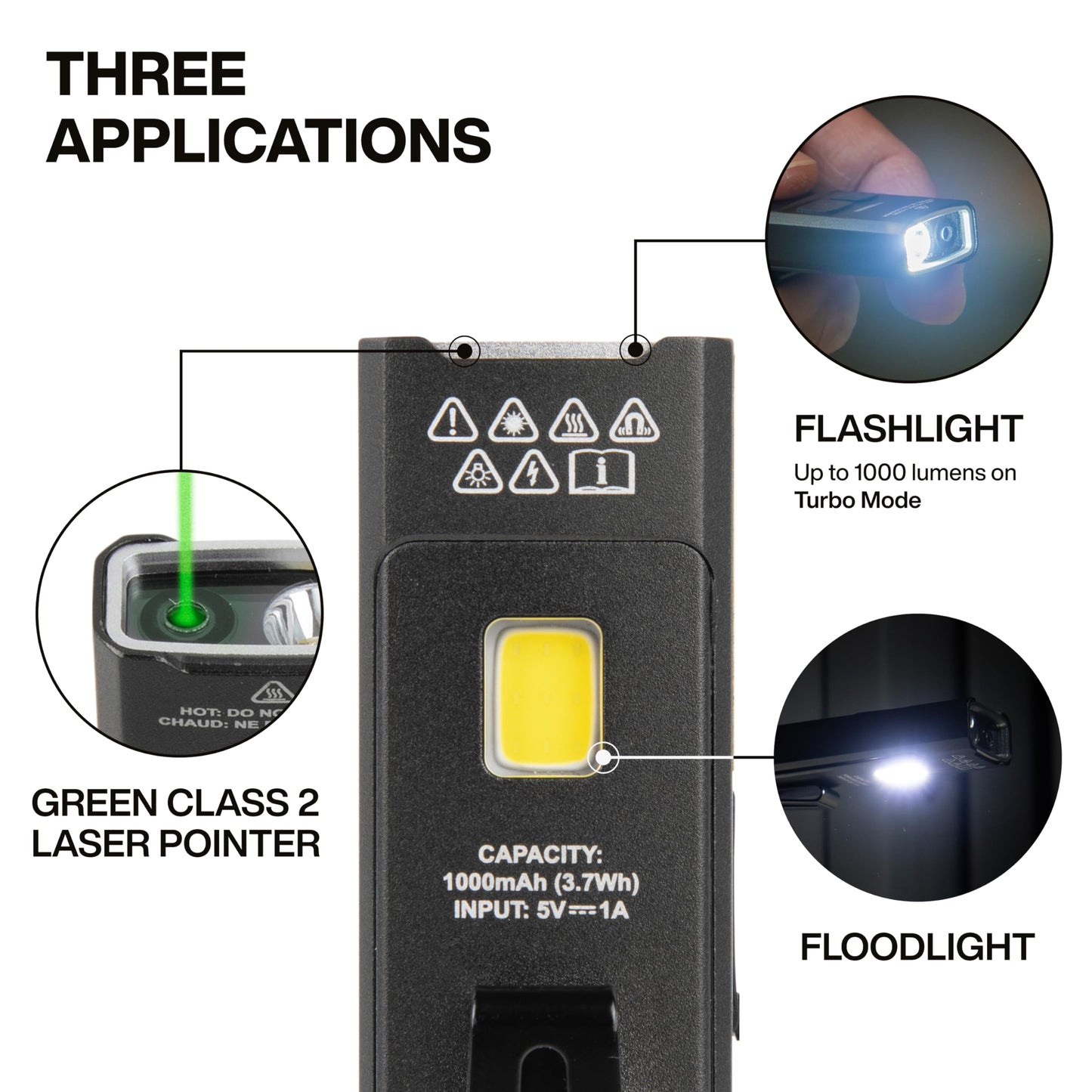 KLEIN TOOLS 56074 EDC Pocket Flashlight with Green Laser, Three Brightness Modes up to 1000 Lumens with Turbo Mode, Built-in Floodlight, <1mW, 510 to 530nm, Class 2, Rechargeable