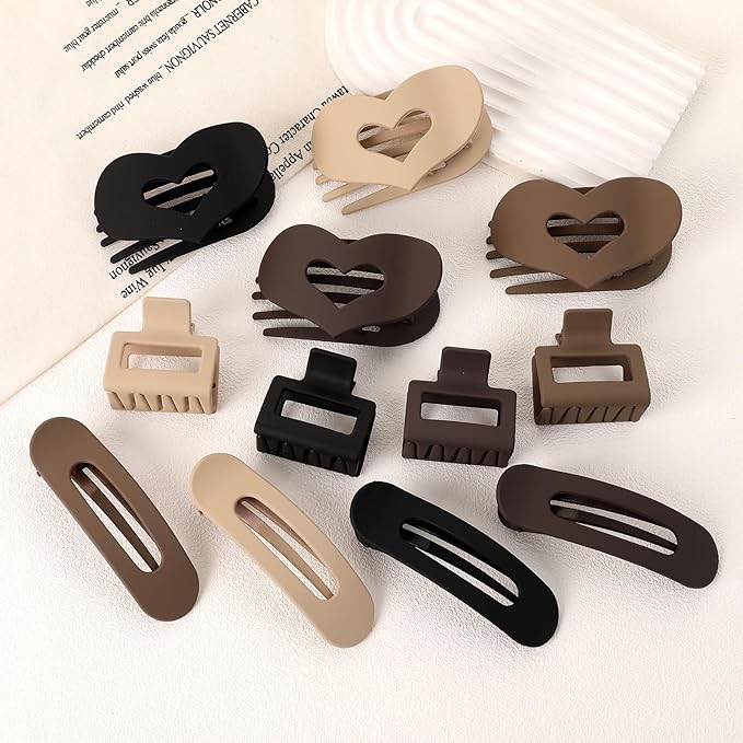 12 Pack Flat Hair Clips for Women-3 Styles Matte Neutral Flat Claw Clips, Black, Blonde,Light Brown & Dark Brown, French Duckbill Styling Accessories (Matte Neutral-3)