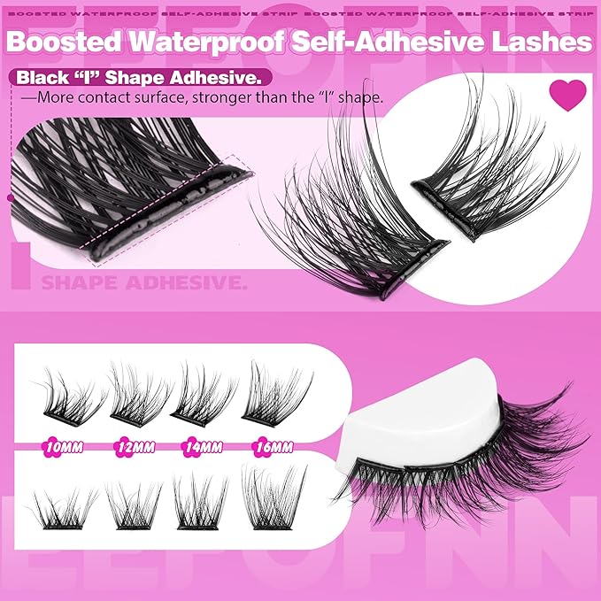 Self Adhesive Eyelashes Wispy Pre Glued Lashes Natural Self Adhesive Lash Clusters 10-16mm Press On Lashes DIY Eyelash Extension Kit No Glue Needed Spider Cluster Lashes with Tweezers by Eefofnn