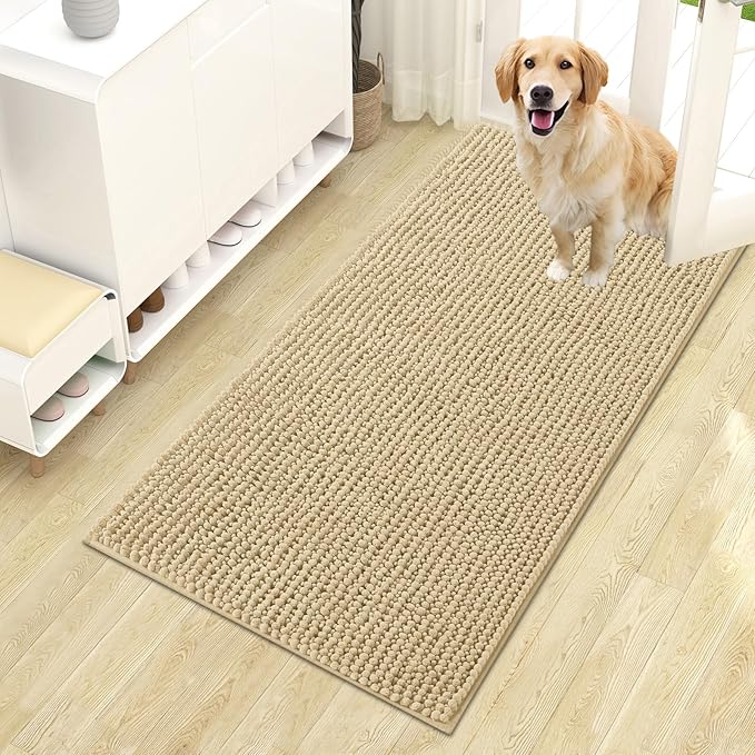 OLANLY Dog Door Mat for Muddy Paws 44x24, Ultra Absorbent Chenille Mud Doormat, Non-Slip Washable and Dirt Trapping Doormat for Indoor Entryway, Quick-Dry Indoor Pet Bed Mats for Dogs, Sand