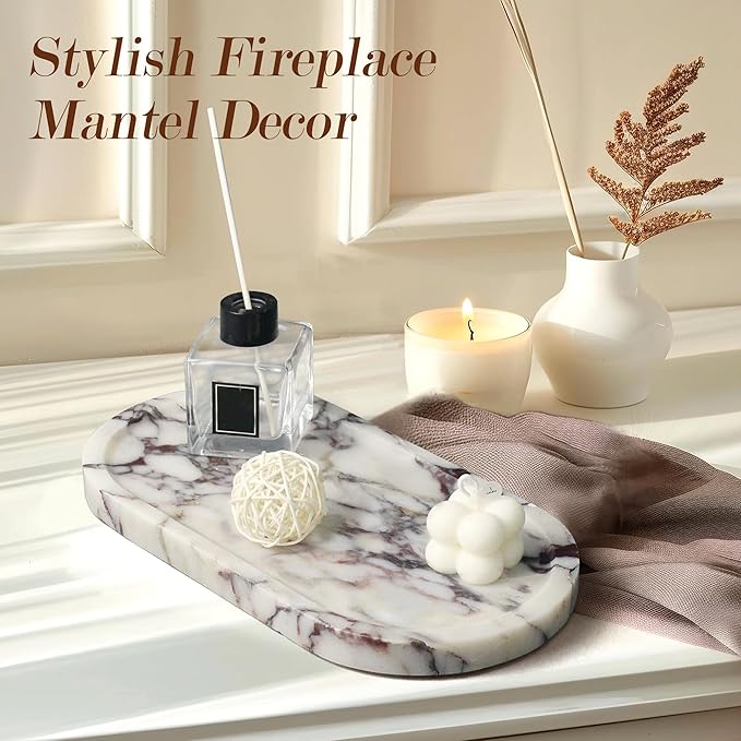 YMXYJM Real Natural Marble Tray for Bathroom, Luxury Calacatta Viola Stone Vanity Tray, Decorative Oval Trays for Countertop Storage Organizer, Dresser, Kitchen, Home Decor, 11.8" x 6", Purple