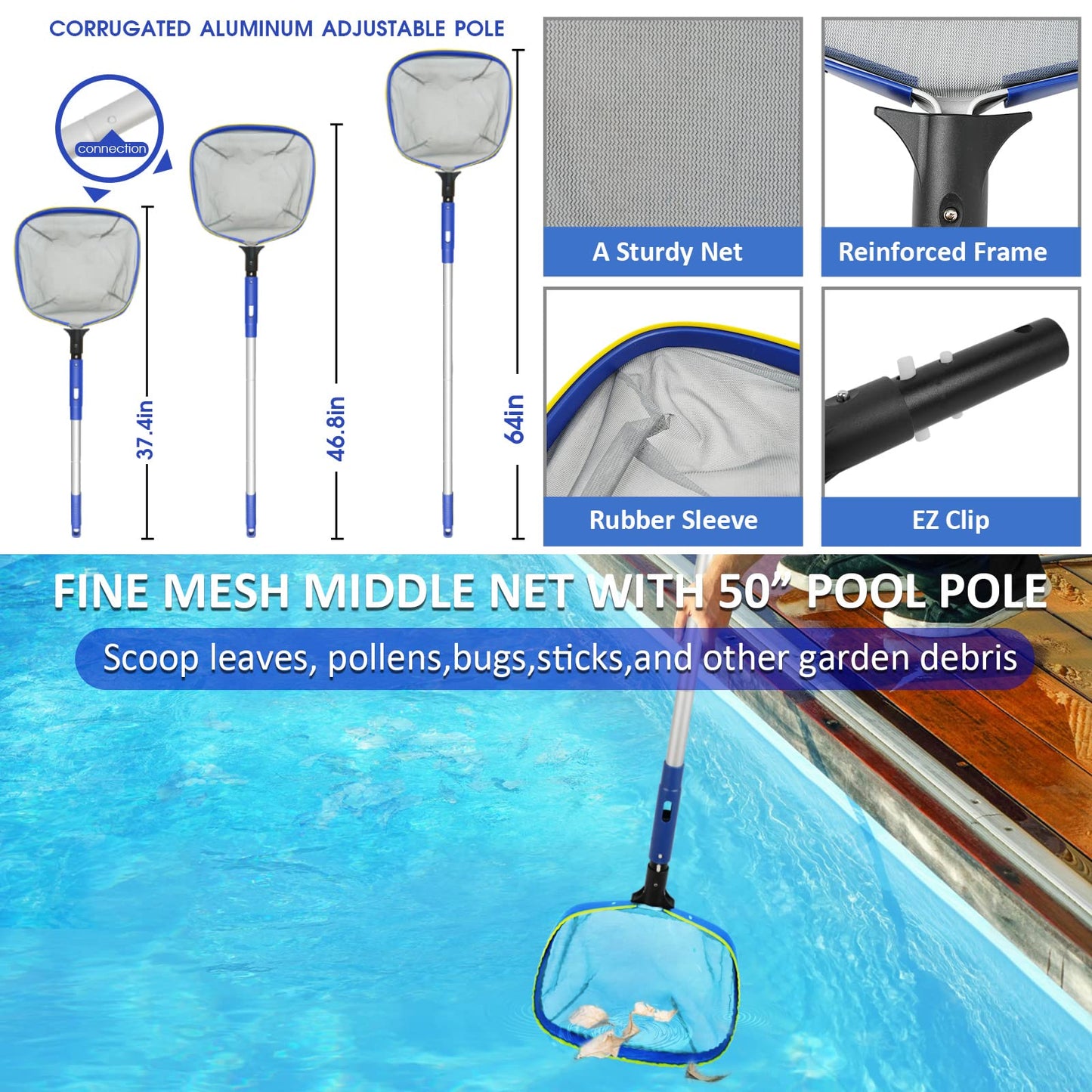 Poolvio Swimming Pool Cleaning Kit, 14'' Brush Head & 50'' Telescopic Aluminum Pole with Fine Mesh Skimmer Net - Perfect for Above Ground Pools, Spas, Hot Tub Fountains Blue (PK0140)