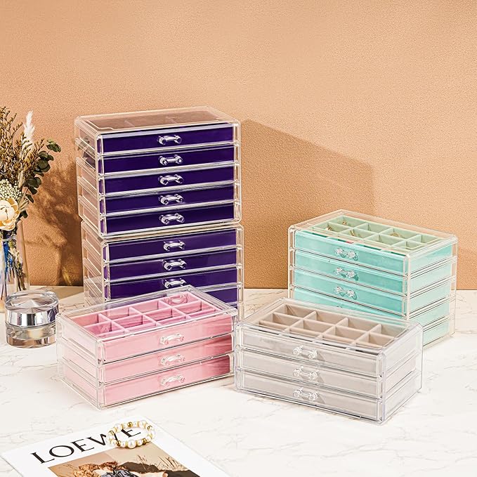 ProCase Earring Holder Organizer Jewelry Box with 10 Drawers, Acrylic Clear Earring Case with Adjustable Velvet Trays for Women - Aqua,10 Layers