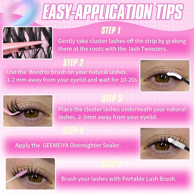 Geeneiya FLORA Lashes Clusters Kit DIY Lash Extension, 8-18MM Wispy Lash Clusters, Ultra-thin Band Eyelash Extension Kit with Waterproof Black Lash Bond and Seal, Lash Remover, Tweezers for Beginners