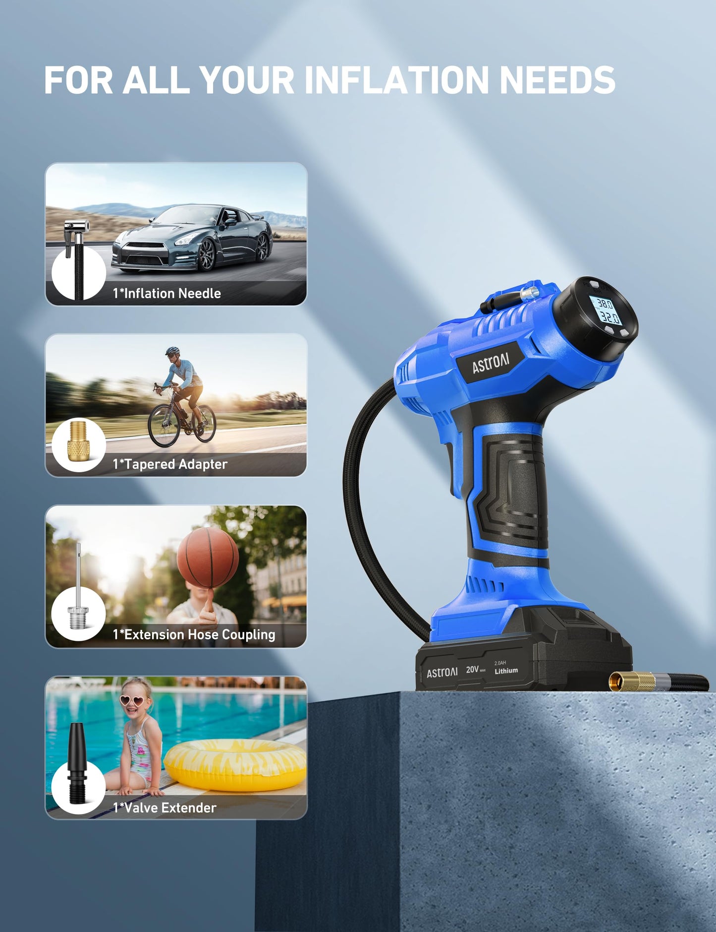 AstroAI C2 Cordless Tire Inflator Air Compressor 20V Rechargeable Battery Powered 160PSI Portable Handheld Air Pump with 12V Car Power Adapter Digital Pressure Gauge for Cars Motorcycles Blue