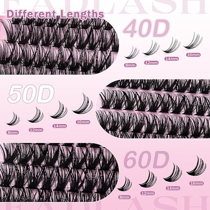 FADLASH Lash Clusters 40D 50D 60D Natural Wispy Eyelash Clusters 8-16mm D Curl Cluster Eyelash Extensions Soft Thin Band DIY at Home