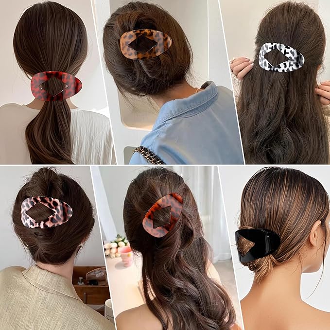 Large Flat Round Hair Clips Oval Claw Clips for Thick Medium Thin Hair 6Pcs Non Slip Strong Hold Barrettes Duckbill Accessories for Women Girls Leopard Tortoise Shell Color
