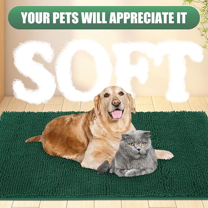 IM HOME Chenille Absorbent Outdoor Doormat 36" x 24", Washable Muddy Door Mats for Dog Non Slip Indoor Doormat Dog Mat for Muddy Paw Front Inside Doormats for Entryway Green