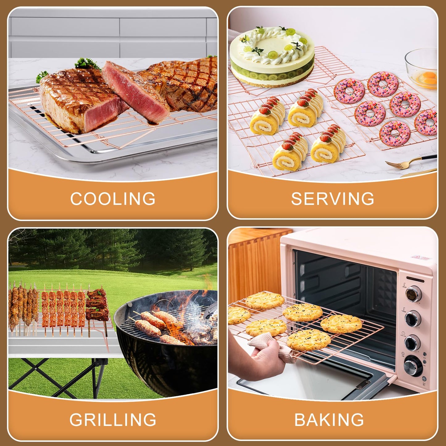 Cooling Rack for Baking 3 Tiers, 16" x 10" Cookie Cooling Wire Rack Stackable Collapsible Nonstick, Stainless Steel Baking Cooking Cooling Racks with Optimum Air Flow, Rose Gold