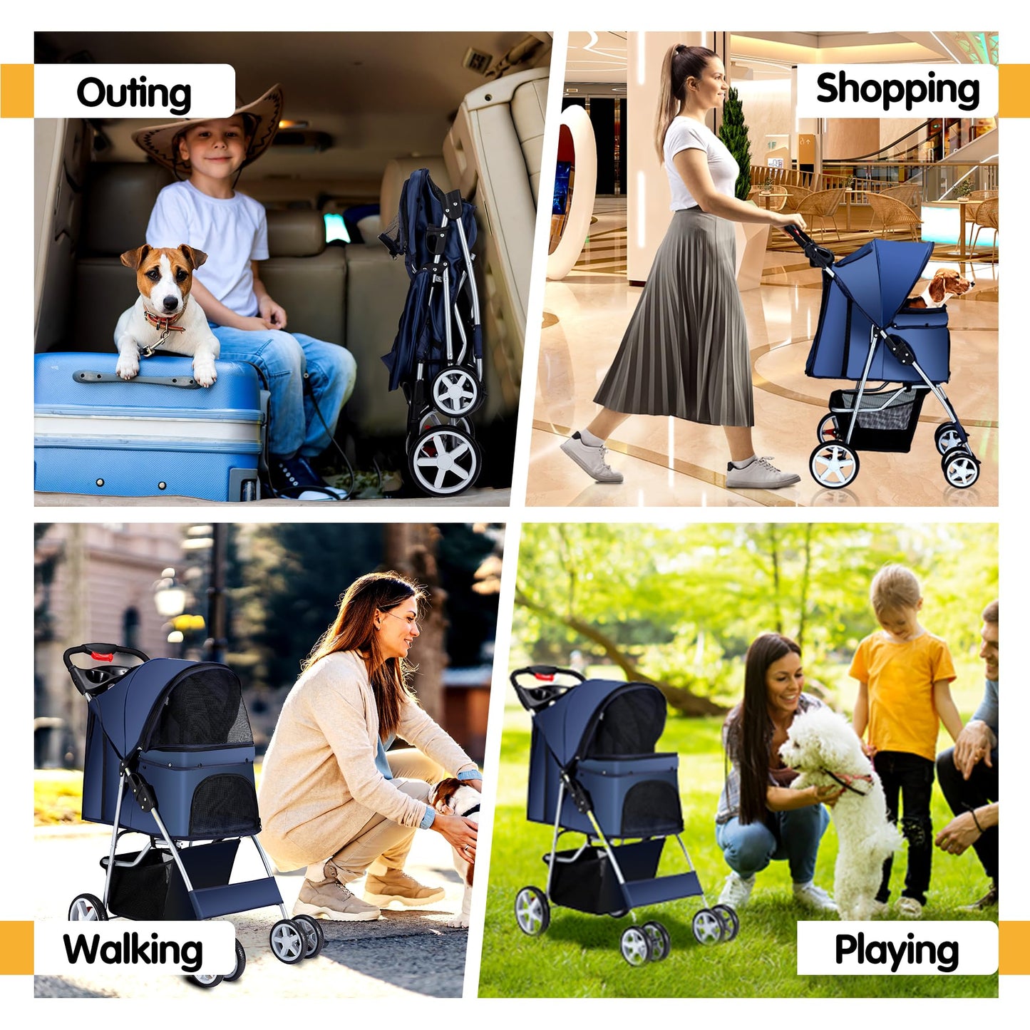Azaeahom Pet Stroller, 4 Wheels Pet Strolling Cart for Medium/Small Dogs and Cats, Foldable Cat Jogger/Dog Stroller with Cup Holder, Storage Basket, Breathable Mesh, All-Season Pet Carrier, Navy Blue