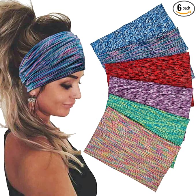 Sefiinh Wide Headbands For Women Stretch Headband Boho Head Bands Women's Hair Band Turban Workout Hairband Accessories Space Dyed 6 Pack