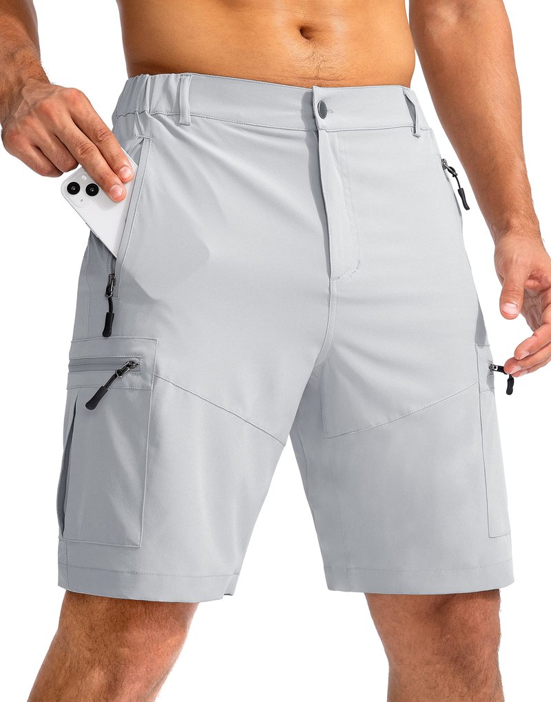 Pudolla Men's Hiking Cargo Shorts 9" Lightweight Outdoor Work Shorts for Men Travel Golf Camping Casual with 5 Zipper Pockets(Bright Grey Large)