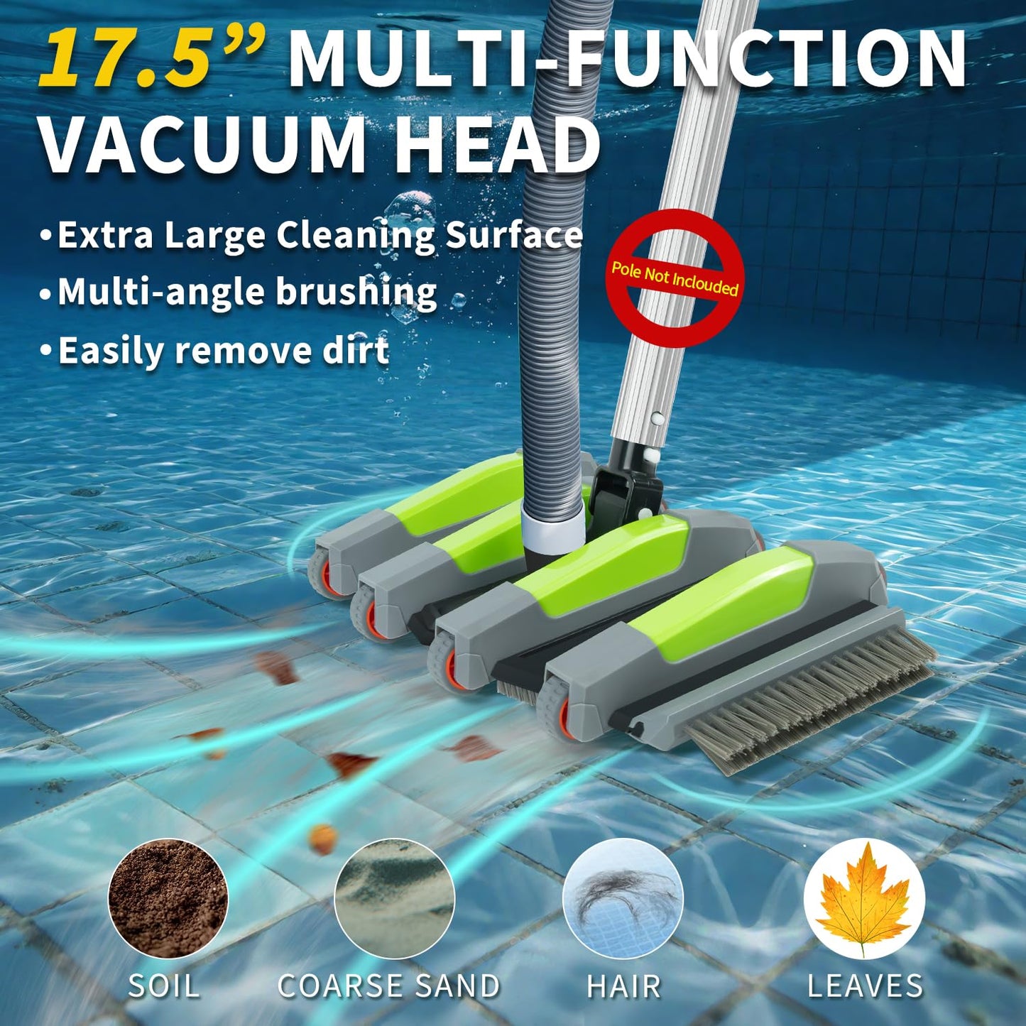 ROMIVO Heavy Duty Pool Vacuum Head with Soft Wheels, 17.5" Extra-Wide & 3.2LB Weighted, Flexible Side & Bottom Brush, Fit for 1.25" & 1.5" Hose, Deep Cleaning for Inground & Above Ground Pool, Gray