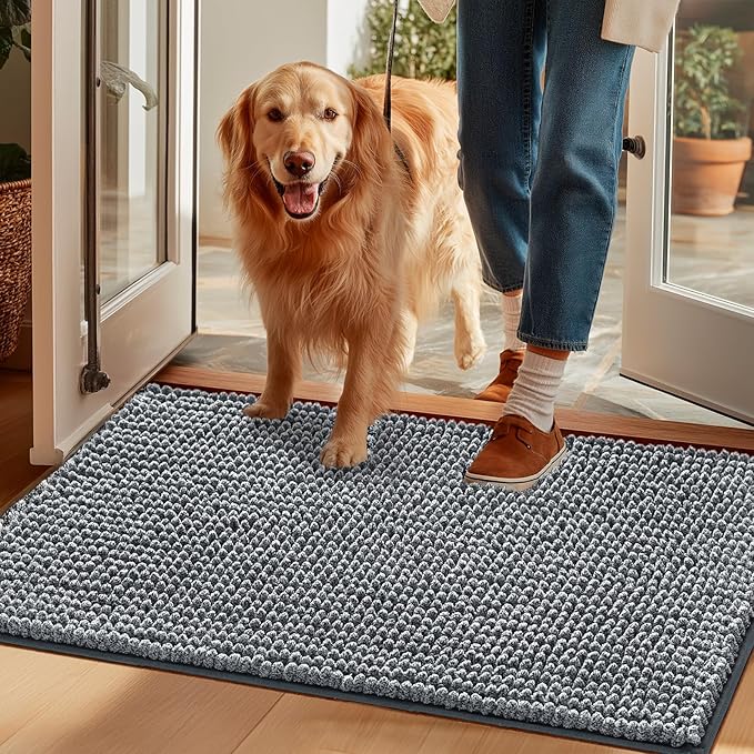 EHEYCIGA Super Absorbent Dog Door Mat for Muddy Paws 36x24 Inch Indoor, Front Doormat Outside Entrance, Quick Dry Chenille Washable Dog Crate Bed, Non-Slip Pet Rug Mud Mat Outdoor Entryway, Grey
