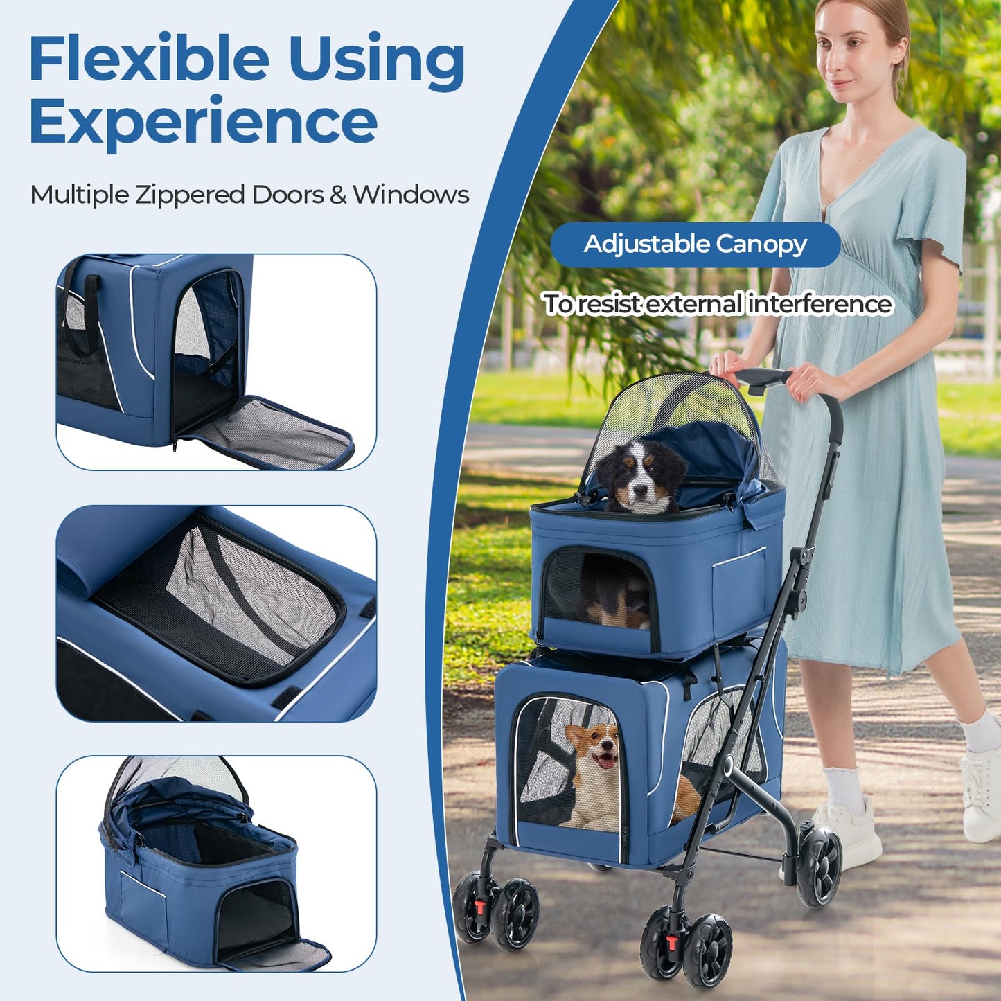 HAPPAWS Pet Stroller with Detachable Carriers, Adjustable Cat Stroller for Small & Medium Pets, 4-in-1 Cat Carriers with Safety Belt and Lockable Wheels, Navy Blue